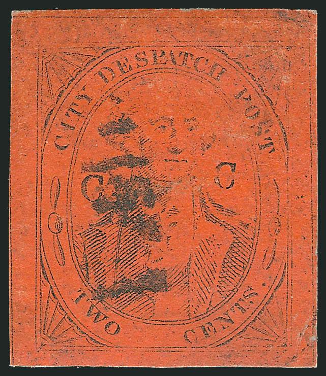 (Coles) Post Office City Despatch, New York N.Y., 2c Black on Vermilion Glazed, CC at Sides (40L6).> Position 30, huge margins all around, Paid straightline cancel, tiny corner creases at top and bottom right,
otherwise Extremely Fine, unusually