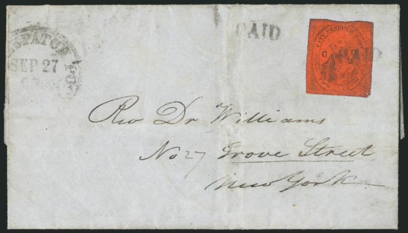 (Coles) Post Office City Despatch, New York N.Y., 2c Black on Vermilion Glazed, CC at Sides (40L6).> Position undetermined, large margins, only slight oxidation (much less than usual), tied by Paid
straightline, second strike and partly readable