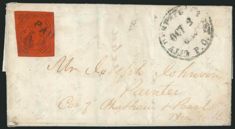 (Coles) Post Office City Despatch, New York N.Y., 2c Black on Vermilion Glazed, CC at Sides (40L6).> Position 40, large margins to close at bottom left, bright color without oxidation, black cancel (not tied),
P.O. City Despatch Post Oct. 3 -- O