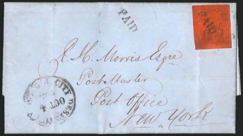 (Coles) Post Office City Despatch, New York N.Y., 2c Black on Vermilion Glazed, CC at Sides (40L6).> Position 26, large margins, bright shade with slight oxidation, Paid straightline cancel (impression ties
thru paper), second strike and P.O. C