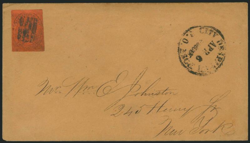 (Coles) Post Office City Despatch, New York N.Y., 2c Black on Vermilion Glazed, CC at Sides (40L6).> Position 23(?), large margins to just touched at upper right, bold 4-bar grid cancel (late use and well-worn
by this point), P.O. City Despatch P