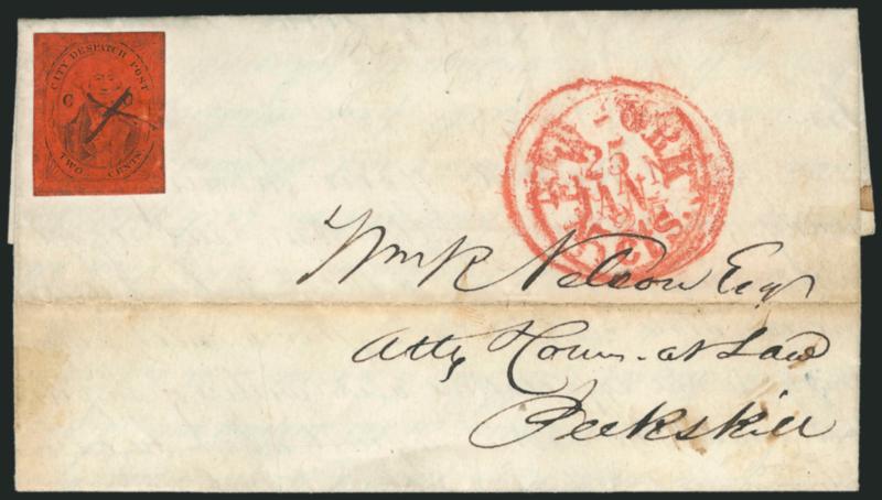 (Coles) Post Office City Despatch, New York N.Y., 2c Black on Vermilion Glazed, CC at Sides (40L6).> Position 11, large margins, cancelled by manuscript  X (not tied), red New York 5cts. 25 Jan. integral-rate
circular datestamp struck over Ne