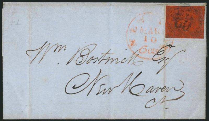 (Coles) Post Office City Despatch, New York N.Y., 2c Black on Vermilion Glazed, CC at Sides (40L6).> Position 32(?), full to large margins, tied by 4-bar grid in black and red New York 5cts. Mar. 10 (1849)
integral-rate circular datestamp on blu