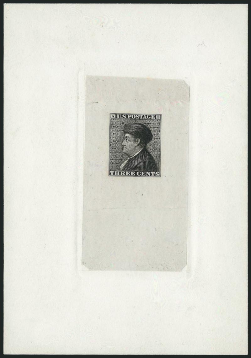 Gavit & Co., 3c Warm Black, Die Essay on India (11-E3a).> Die sunk on 89 x 128mm card with full die sinkage, from the first state of the die, detailed impression, proof coming slightly loose from the card,
Very Fine