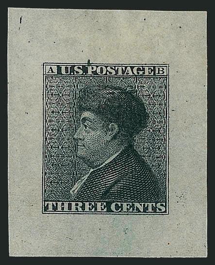 Gavit & Co., 3c Die Essay on Bond (11-E3d).> Two, first Green, cut to size, from second state of the die with dash above P, second Cool Black, 30 x 37mm, from third state of die with dash above P and dot in O,
Very Fine, ex Rosenthal