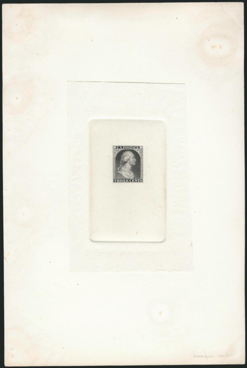 Gavit & Co., 3c Black, Die Essay on India (11-E4a).> Die sunk on 150 x 222mm card with full die sinkage, from the second state of die, few light toning spots well outside die sinkage area, otherwise Very
Fine