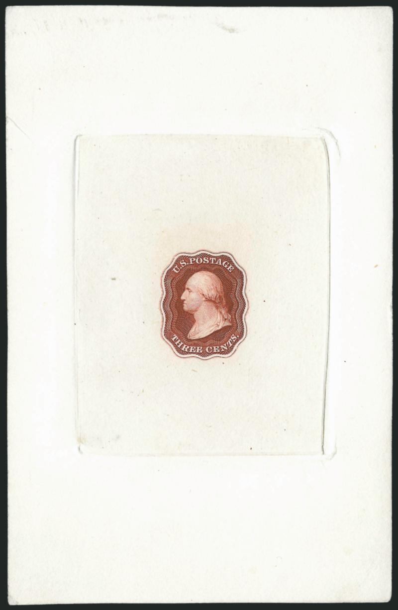 Danforth, Bald & Co., 3c Brown Red, Die Essay on India, Double Line Frame (11-E10a).> Die sunk on 88 x 135mm card with full die sinkage, gorgeous color, Very Fine, attractive example of this essay, ex
Tiffany