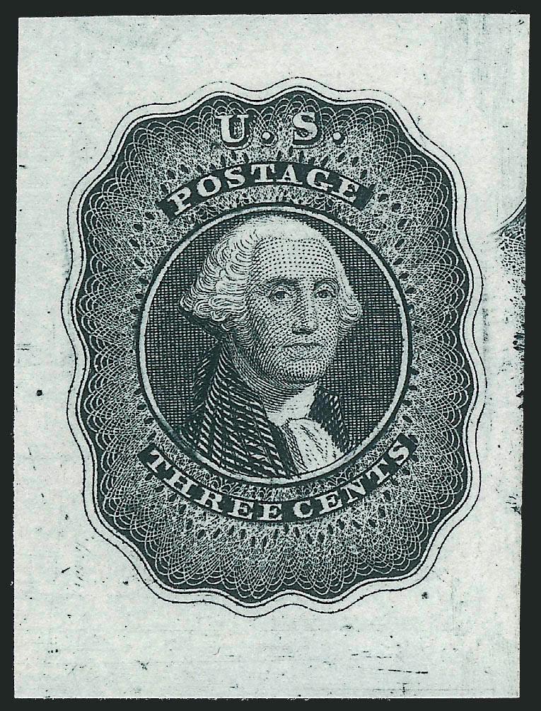 Bald, Cousland & Co., 3c Washington 1851 Die Essay on Bond (11-E14b).> Three, Black, Brown and Blue, two approximately 25 x 42mm, Black a bit smaller, Brown with h.r., Very Fine