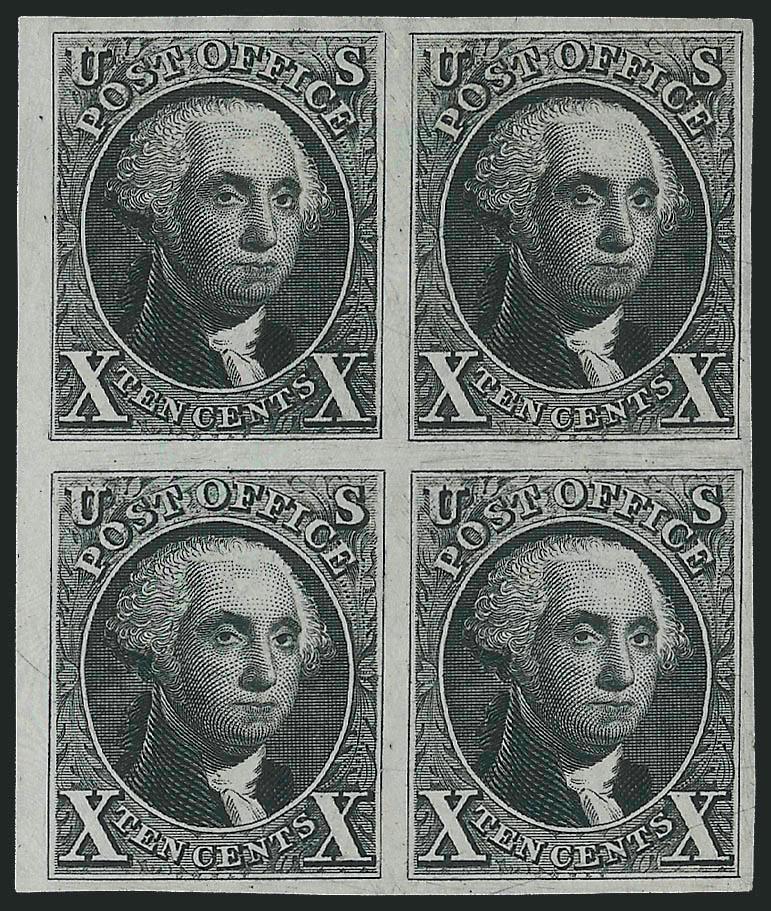 5c Red Brown, 10c Black, Reproduction, Plate Proofs on India (3P3-4P3).> Blocks of four, large to huge margins, each with partial sheet margin on one side, strong colors, 5c pos. 4 small thin spot almost
entirely in margin, otherwise Extremely Fine