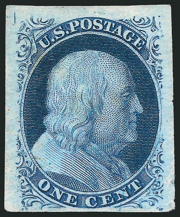 1c Blue, Ty. V, Plate Proof on India (24P3).> Position 7L9, large margins all around to ample at bottom, deep rich color, tiny thin spot at right edge and small bit of toning almost imperceptible from front,
actually much better than most examples of