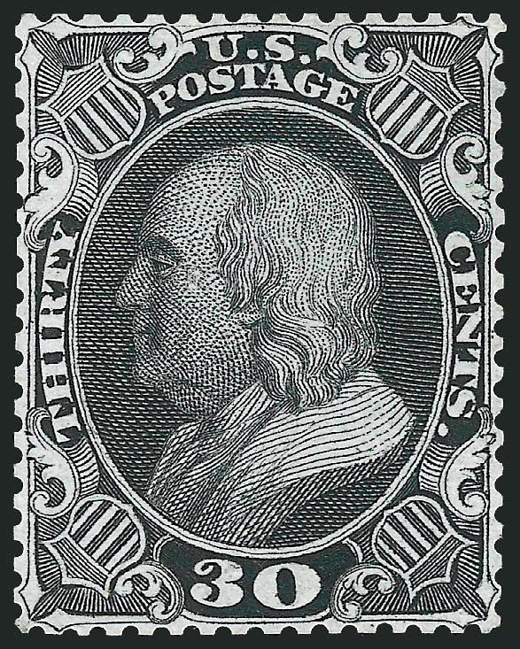 30c Black, Trial Color Plate Proof on India (38TC4).> With <private perforations> all around, detailed impression, tiny scuff on cheek, Very Fine appearance, unlisted in Scott