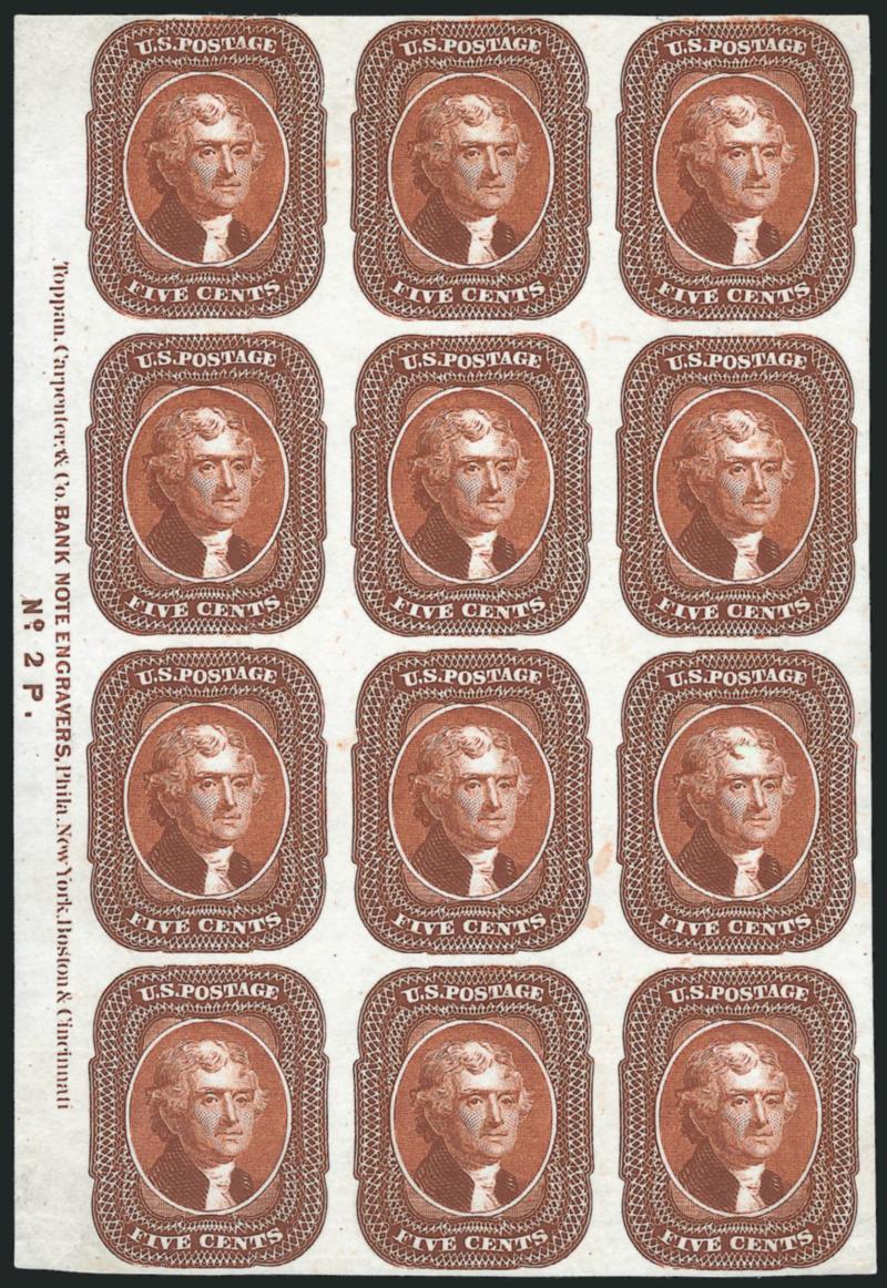 5c Orange Brown, Plate Proof on India (42P3).> Left imprint and plate No. 2 block of twelve, rich color on vivid white paper, pos. 9 (not in imprint and plate no. block of eight) small hole, otherwise Very
Fine, handsome and scarce multiple with the