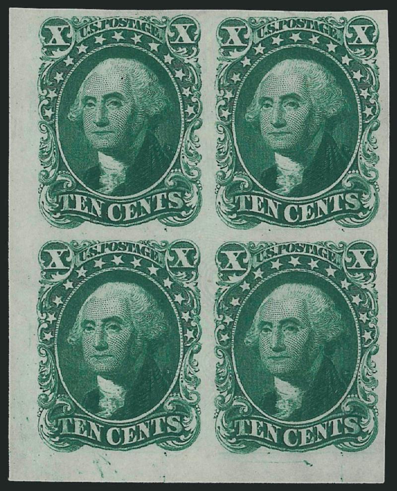 10c Blue Green, Plate Proof on India (43P3).> Block of four with bottom left sheet corner margins, large to huge other sides, strong color, Extremely Fine, with 2006 P.S.E. certificate