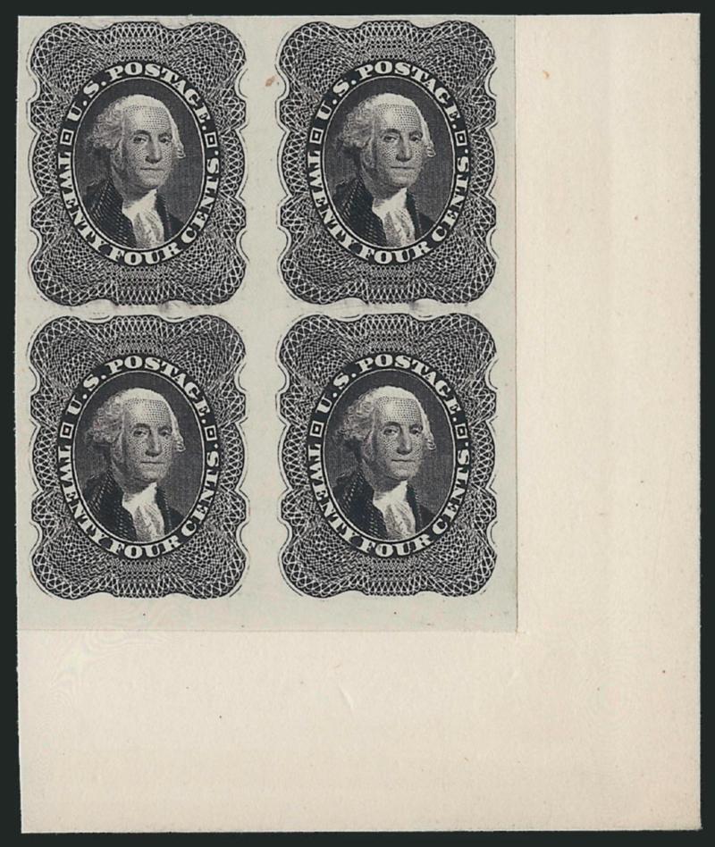 24c Blackish Violet, Plate Proof on India (45P3).> Block of four mounted on 60 x 70mm card, vivid color and free from the usual India paper imperfections usually found when off-card, Very Fine and
choice