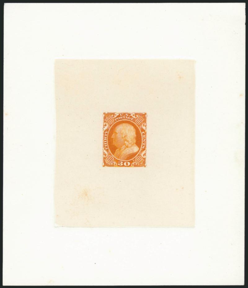 30c Yellow Orange, Hybrid Large Die Proof on India (46P1 var).> Cut to shape, mounted on wove which is in turn die sunk on 108 x 125mm card with full die sinkage, brilliant color, Very Fine and choice, we have
only ever encountered this as a hybrid,