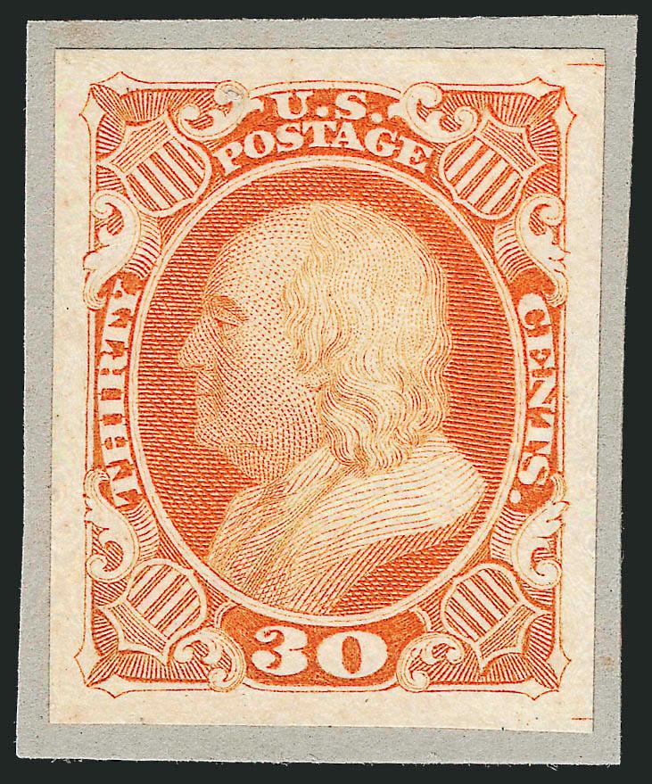 30c Orange, 90c Blue, Small Die Proofs on Wove (46P2, 47P2).> 30c on original gray card backing, 90c removed from card and remarkably intact, rich colors, Very Fine, only 85 of each were produced for Roosevelt
presentation albums