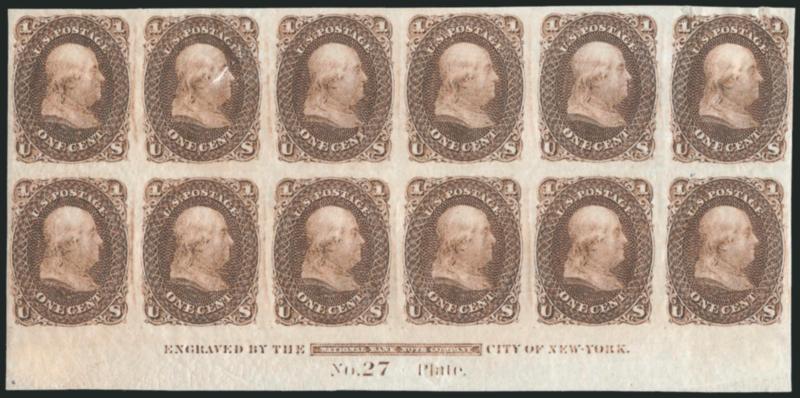 1c Wyckoff Patent, Trial Color Plate Proof on Surface Starched Paper, Imperforate (63TC5).> Bottom imprint and plate no. 27 block of twelve, Orange Brown color, large margins all around, pos. 2 small flaw
causing unprinted area in Franklins face, Ve