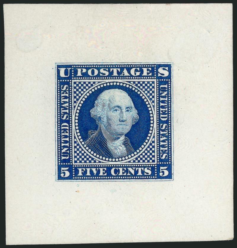 5c Washington, Large Lettering, Blue Large Die Essay on Glazed Paper (115-E1k).> 40 x 42mm, beautiful vivid color, two small mounting thins at top, Very Fine appearance