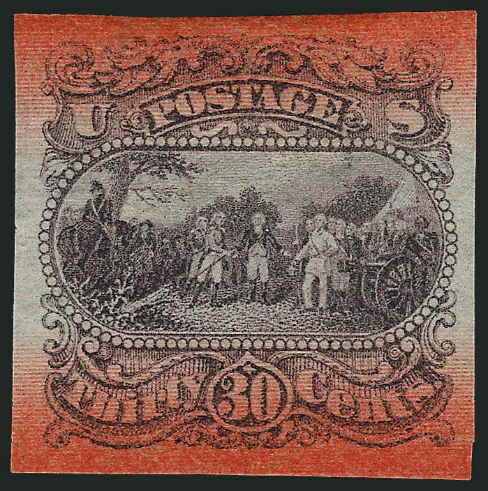30c Burgoyne, Plate Essays on Surface-Tinted Paper, Plate Essay on Bond with Red Bands (121-E1p, 121-E1s).> Six of No. 121-E1p, five different, one of No. 121-E1s, rich colors and mostly large margins, two of
first Fine, rest Very Fine, attractive gr