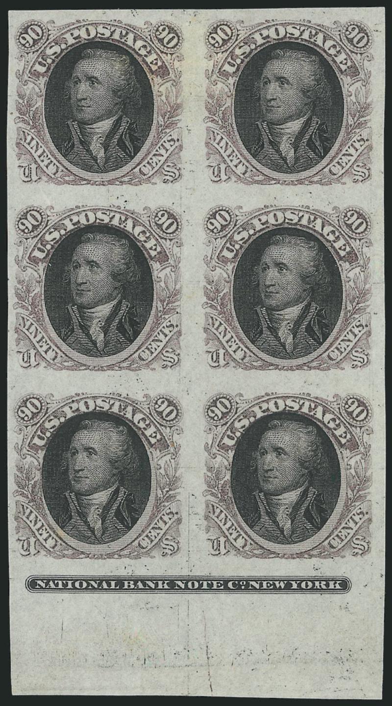 90c Dull Violet and Black, Washington Plate Essay on Stamp Paper (122-E2b).> Vertical block of six with full National Bank Note Co. New York imprint at bottom, large to huge margins, wonderfully fresh,
Extremely Fine