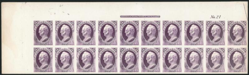 24c Purple, Plate Proof on India (153P3).> Top and bottom imprint and plate no. 21 blocks of 20 from the left pane, still on their original card backing, few faults mostly around edges, Very Fine appearing and
scarce matched pair of plate blocks