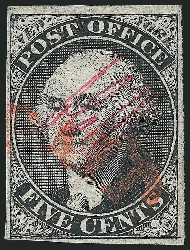New York N.Y., 5c Black, AC M Initials (9X1a).> Ample to large margins, crisp impression, cancelled solely by orange-red Paid arc handstamp, fresh and Very Fine, accompanied by Extremely Fine plate proof on
bluish paper from the sheet of nine (9X