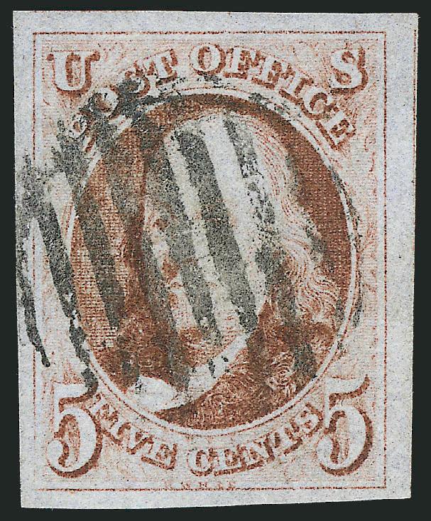 5c Red Brown (1).> Huge margins on fresh crisp paper, <black grid> cancel, Extremely Fine Gem, a gorgeous stamp
