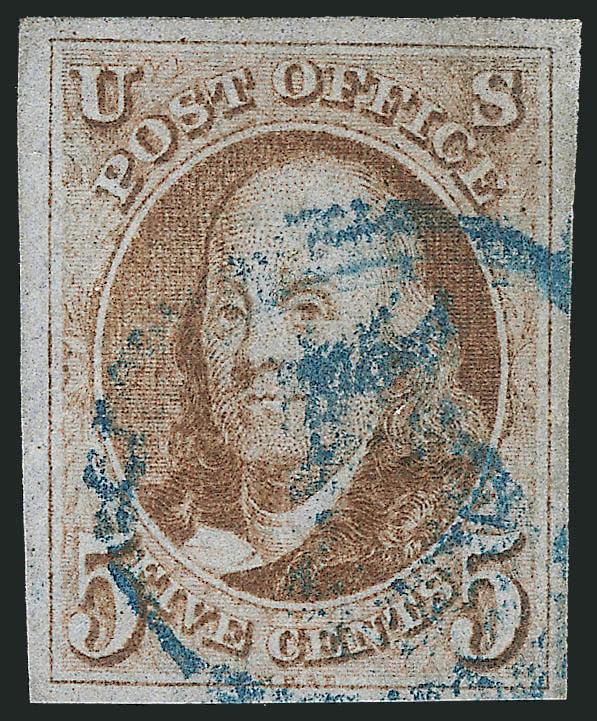 5c Red Brown (1).> Full to large margins, attractive color, clear impression, <blue numeral 5 in oval> Baltimore cancel, Extremely Fine, with 2010 P.S.E. certificate (VF-XF 85 SMQ $540.00 with ordinary
cancel)