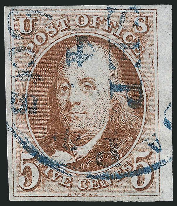 5c Red Brown (1).> Gorgeous deep shade and sharp impression from an early printing, large margins, neat strike of <blue> Philadelphia integral-rate circular datestamp, Extremely Fine, ex Amonette