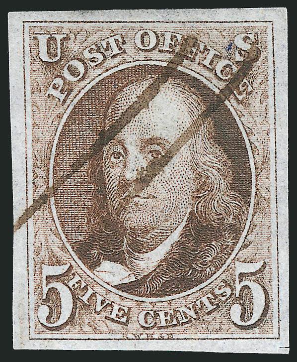5c Red Brown (1).> Huge margins, intense dark shade and proof-like impression, cancelled by two neat pen strokes, tiny scissor cut in bottom right margin well away from design, also tiny spot of blue ink at
top right, Extremely Fine appearance