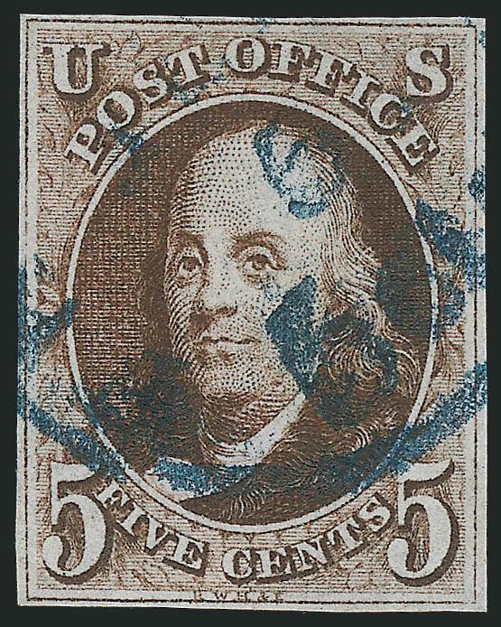 5c Dark Brown (1a).> Dark shade and detailed impression, small but balanced margins, bold strike of <blue> integral-rate circular datestamp, Fine