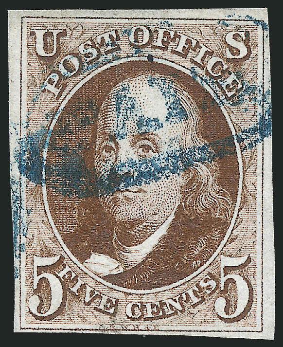 5c Dark Brown (1a).> Full to clear margins, beautiful deep rich color and impression, <blue Paid in oval> cancel of Philadelphia, Very Fine