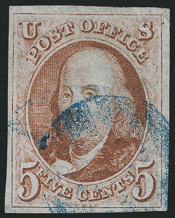 5c Red Brown (1).> Three, two with blue grid cancels and one with red grid, clear margins on all, two with small flaws, Fine-Very Fine appearance