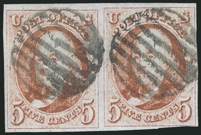 5c Red Brown (1).> Horizontal pair showing <vertically misaligned entries,> large margins to just touching at lower right, grid cancels, Fine-Very Fine, the subject of misaligned entries was recently addressed
by Wade Saadi in the August 2010 <<Chron