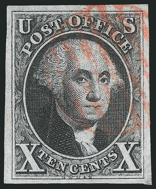 10c Black (2).> Large margins, detailed impression on bright paper, neat strike of red grid cancel, Extremely Fine