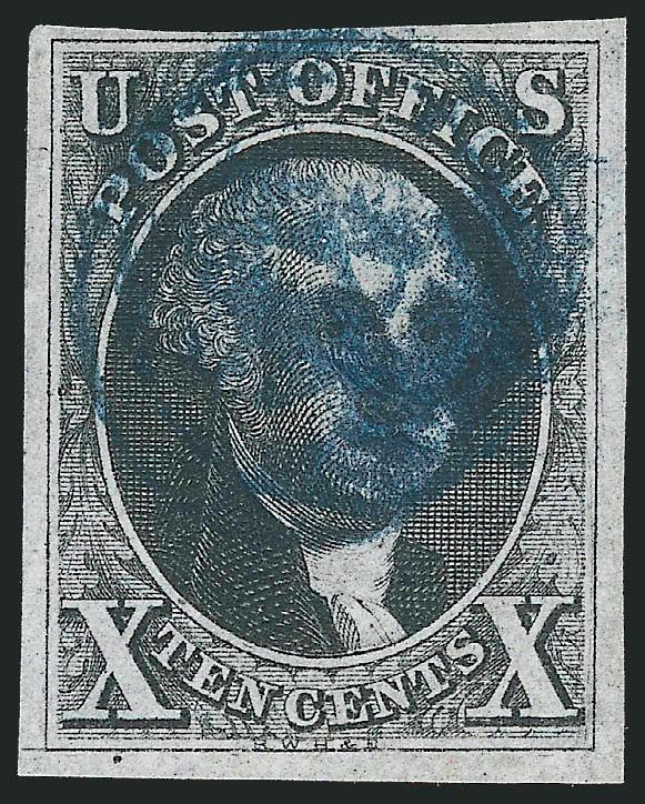 10c Black (2).> Three large margins showing extended frameline at bottom left, ample to large at top, intense shade, dark blue cork cancel, Very Fine, with 2007 P.F. certificate
