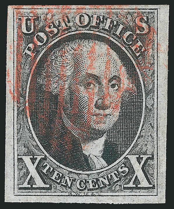 10c Black (2).> Ample to large margins, neat strike of red grid cancel, small ms. ink offset on back, Very Fine