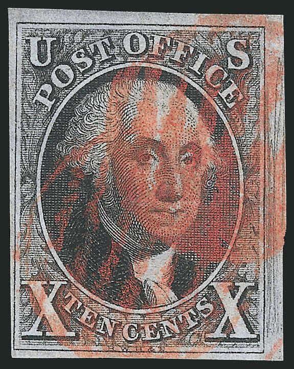 10c Black (2).> Large margins to clear at lower left, detailed impression showing plate scratches in margin at right, two strikes of red grid cancel, fresh and Fine