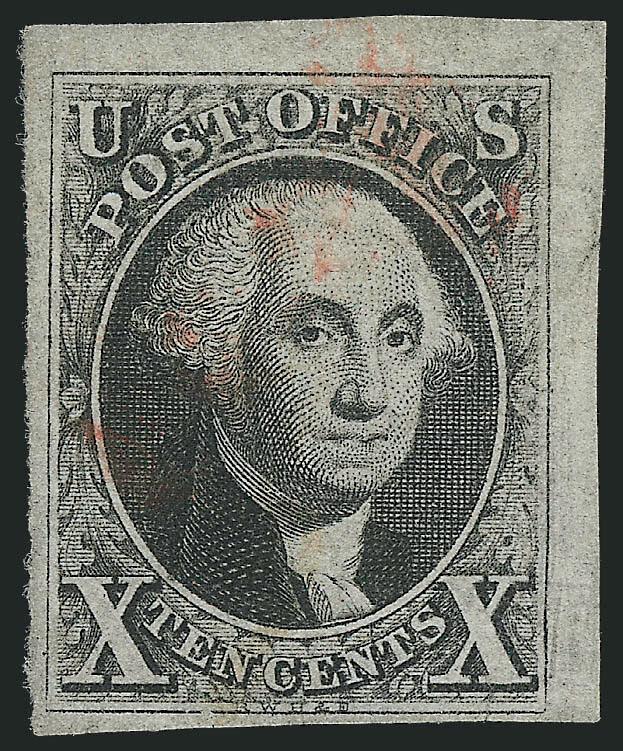 10c Black (2).> Clear to huge margins incl. <top right sheet corner margins,> very light red cancel, faint crease, Very Fine appearance, rare stamp with corner margin