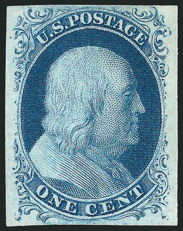 1c Blue, Ty. II (7).> Plate 2, original gum, lightly hinged, large to full margins, brilliant color, Extremely Fine, with 2005 P.F. and 2006 P.S.E. certificates (OGph, XF 90 SMQ $2,700.00)