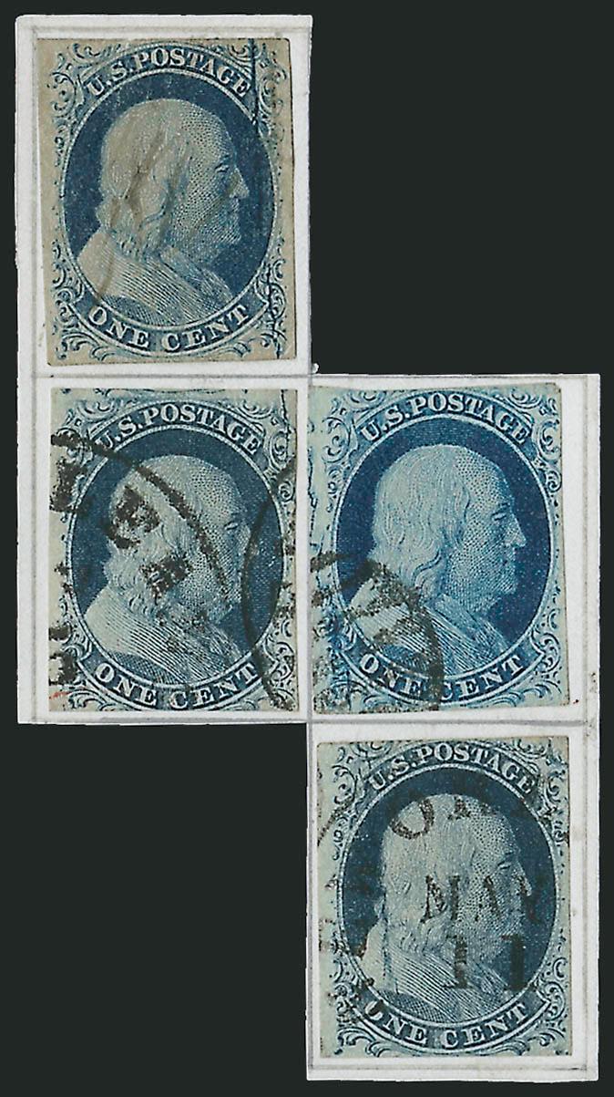 1c Blue, Ty. II, Plate 2 Crack (7 var).> Reconstruction of the crack with Positions 2L (ms. cancel), 12L, 13L and 23L, margins vary, minor flaws, Fine-Very Fine and scarce reconstruction