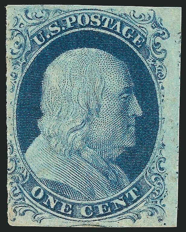 1c Blue, Ty. IV (9).> Recut once at top and bottom, original gum, single hinge mark, large margins to touching at left, Fine and attractive, with 1992 P.F. certificate