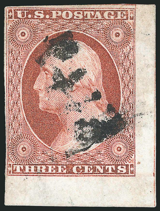 3c Orange Brown, Ty. II (10A).> Position 100L2E, huge bottom right corner straddle-pane margins with centerline, other sides close but clear, rich color, Paid straightline cancel, Very Fine and choice, a
lovely position piece, with 2006 P.F. certif