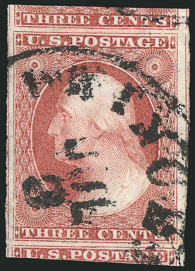3c Claret, Ty. II (11A).> Brilliant color, huge margins incl. large parts of adjoining stamps at top and bottom, town datestamp, Extremely Fine Gem, with 2010 P.S.E. certificate (Superb 98 Jumbo SMQ $680.00 as
98, unpriced in higher grades)