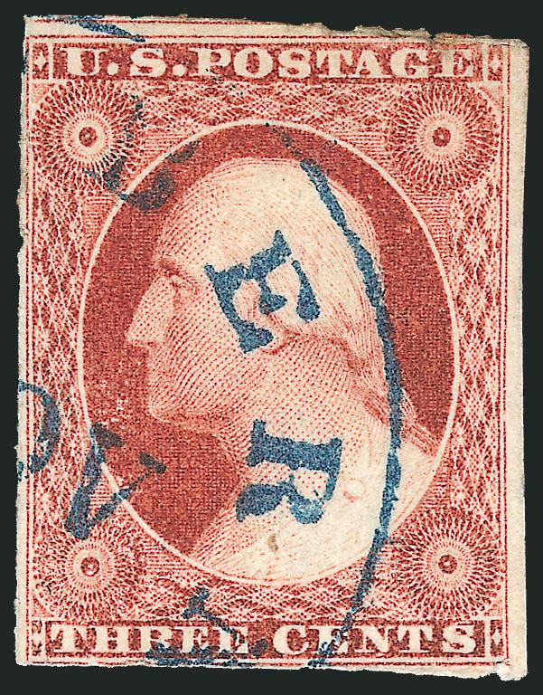 3c Brownish Carmine, Ty. II, Newbern N.C. Unofficial Roulette (11A var).> Showing horizontal and vertical roulettes, part strike of <blue> Newbern Nov. circular datestamp (likely 1852), scissor cuts at top and
small fault at top right, Fine appearing