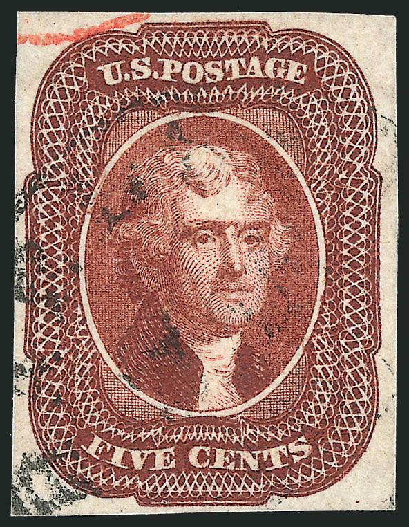 5c Red Brown (12).> Ample to large margins, lovely bright color with a light circular datestamp with a tiny bit of red transit, Extremely Fine, with 2010 P.S.E. certificate (XF 90 SMQ $1,000.00)