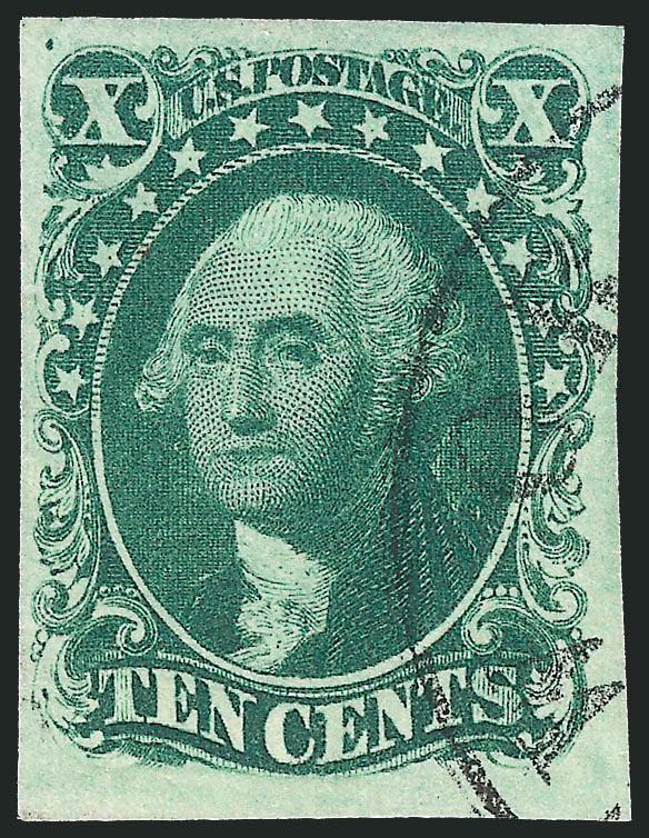 10c Green, Ty. II (14).> Large to huge margins, lovely shade, neat strike of black circular datestamp, Extremely Fine, with 2003 and 2008 P.S.E. certificates (XF 90 SMQ $400.00)