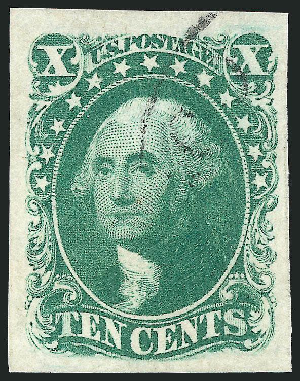 10c Green, Ty. III (15).> Large to huge margins, vibrant color on bright white paper, light circular datestamp cancel, Extremely Fine, with 1993 and 2006 P.F. certificates (XF 90)