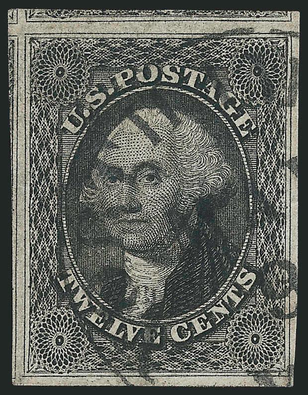 12c Black (17).> Large to huge margins all around incl. part of three adjoining stamps, crisp impression, neat strike of circular datestamp, fresh and Extremely Fine Gem, a beautiful stamp, with 2010 P.S.E.
certificate (XF-Superb 95 SMQ $1,450.00)