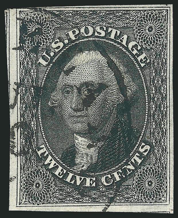 12c Black, Stitch Watermark (17 var).> Clear two row stitch watermark, ample to large margins, neat part strike of Cleveland Ten. Jul. 10 circular datestamp, faint horizontal crease at top, Very Fine
appearance, accompanied by piece from which it o